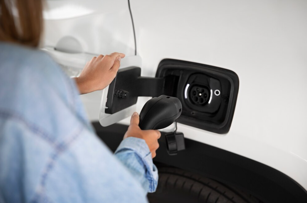 Person connecting charging cable to electric car's side port.